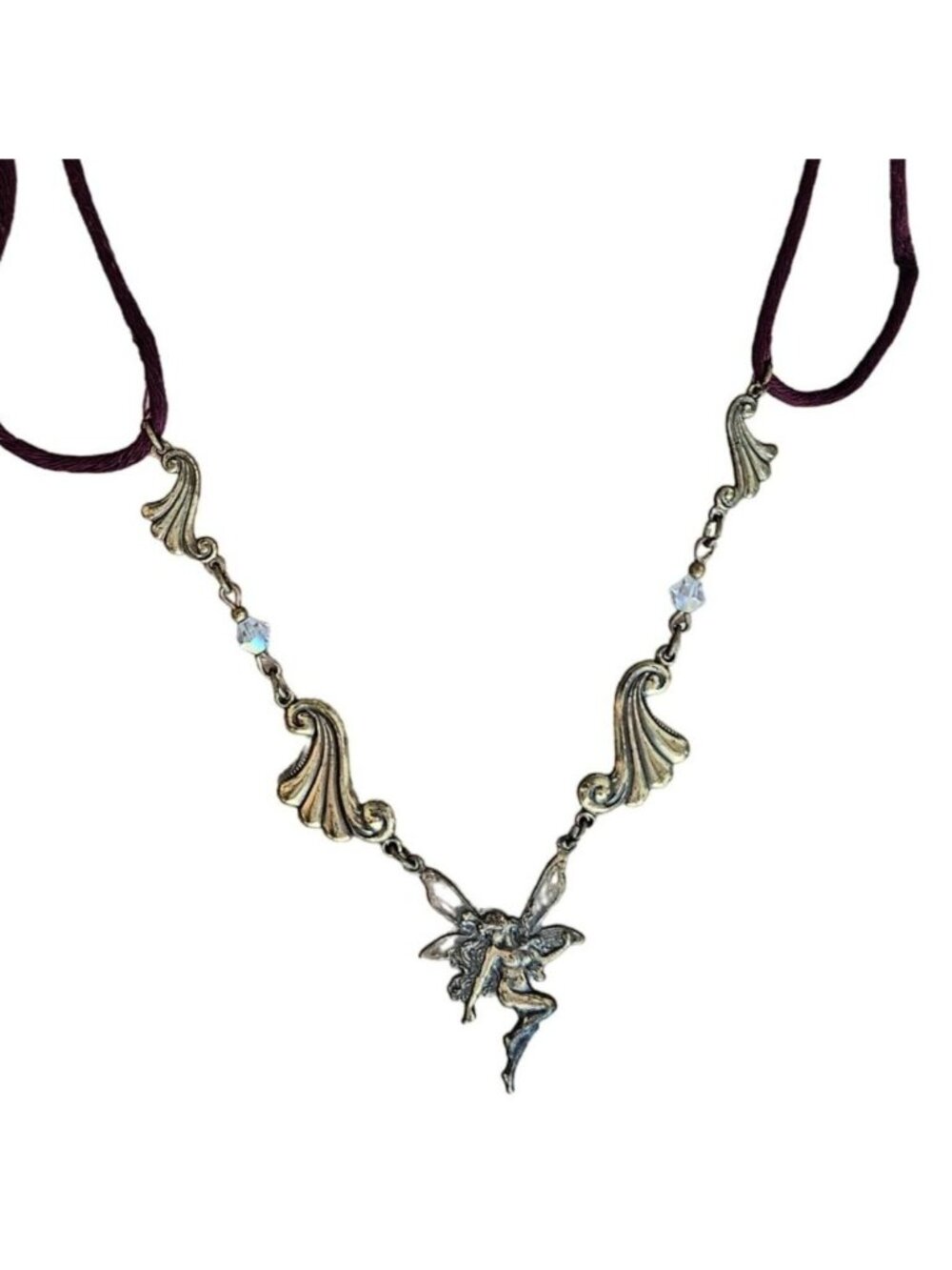 Vintage Fairy Pendant Necklace Scrollwork Burgundy Cord Fairycore Whimsigoth